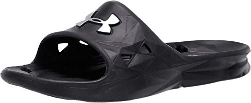 Under Armour Slides UA Locker III Chanclas de hombre, zapatos para playa de secado rápido, chanclas con correa ideales para el vestuario y la piscina, Black/Metallic Silver (001), 8