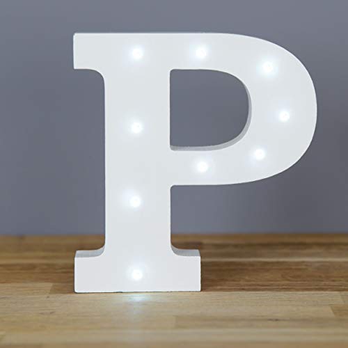 Up in Lights Muestra decorativa de madera blanca de las letras del LED - colgante de pared con pilas - Letra P