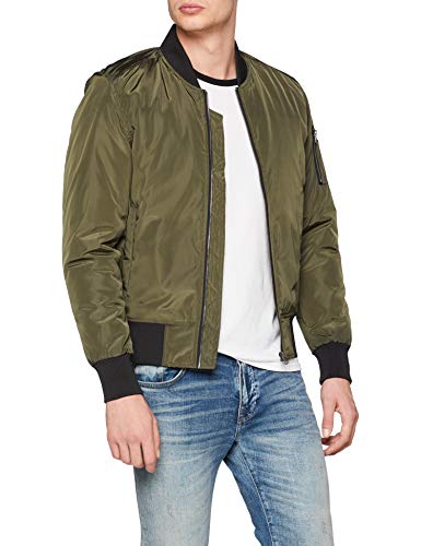 Urban Classics Cazadora de Hombre Chaqueta Bomber de Estilo Urbano, en Verde Oliva con Cuello, Cintura y Puños Negros a Contraste, Cierre con Cremallera, darkolive/black, L