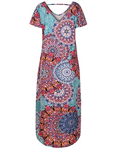 UUAISSO Vestidos Mujer Maxi Vestido Mangas Cortas Boho Verano Playa Vestidos Cóctel Fiesta, Azul Pavo Real XL