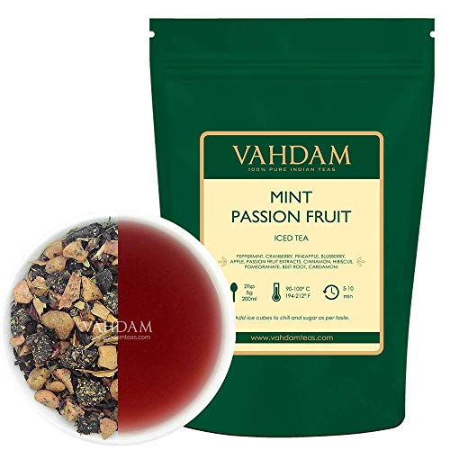 VAHDAM, té helado menta pasión | 40 porciones, 8 cuartos | Ingredientes 100% naturales | Delicioso sabor a fruta de la pasión, especias | Té helado de hierbas | 100gr (juego de 2) de la India