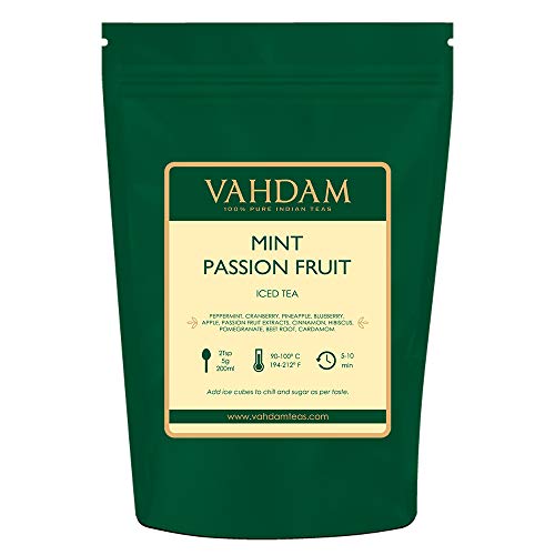 VAHDAM, té helado menta pasión | 40 porciones, 8 cuartos | Ingredientes 100% naturales | Delicioso sabor a fruta de la pasión, especias | Té helado de hierbas | 100gr (juego de 2) de la India