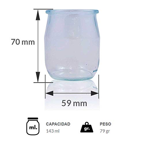 Vasos yogurtera de cristal con tapa pack de 12 botes para yogurtera de 143 Ml tarros para postres recipiente para moulinex, lidl, severin, braum y resto de yogurteras (Tapa Blanca) (143)