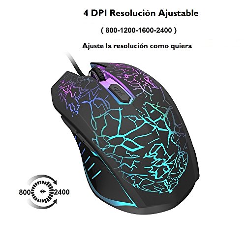 VersionTECH. Ratón Gaming con Cable hasta 2400 DPI Ratón Ergonómico Óptico para Juegos con 7 Colores Luz LED 6 Botón Gaming Mouse Wired para PC/Ordenadores Portátil/Mac(Negro)