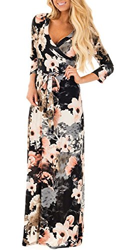 Vestidos Estampados Flores Mujer de Verano Cuello en V Manga 3/4 Cintura Alta con Cinturón Vintage Bohemio Hippie Chic Caftan Tunica Falda Wrap Vestido Imperio Largo para Playa Noche Ceremonia Fiesta