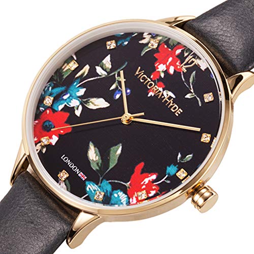 VICTORIA HYDE Mujeres Cuarzo Reloj Floral Cara Cuero Strap Resistente Al Agua