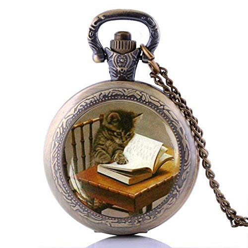 Vintage Cat es libros de lectura hecho a mano reloj de bolsillo collar amante del libro joyería bronce reloj de cuarzo cadena collar