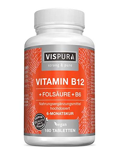 VISPURA® Vitamina B12 Altamente Concentrada con Fórmula Vital + Vitamina B6 Metilcobalamina, 180 Comprimidos Vegana, Organica Pura Suplemento Alimenticio sin Aditivos Innecesarios, Calidad Alemana