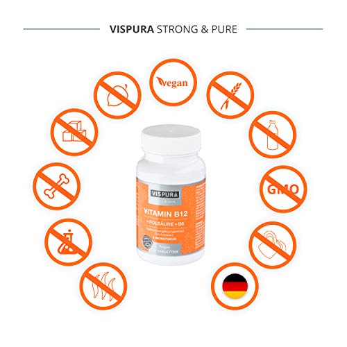 VISPURA® Vitamina B12 Altamente Concentrada con Fórmula Vital + Vitamina B6 Metilcobalamina, 180 Comprimidos Vegana, Organica Pura Suplemento Alimenticio sin Aditivos Innecesarios, Calidad Alemana