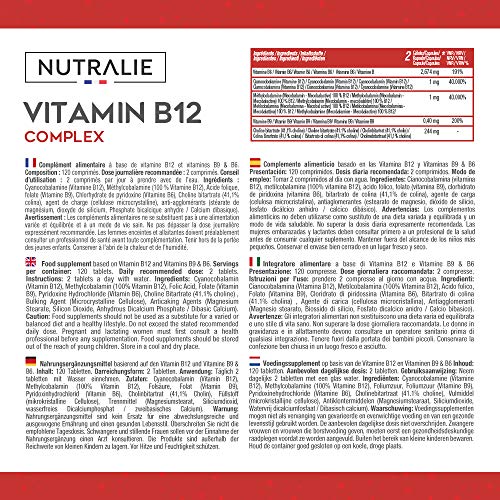 Vitamina B12 Vegana 2000mcg Cianocobalamina y Metilcobalamina | Alta Potencia Sin Aditivos | Reducción Cansancio y Formación Glóbulos Rojos con B9 y B6 | 120 Comprimidos Veganos Nutralie