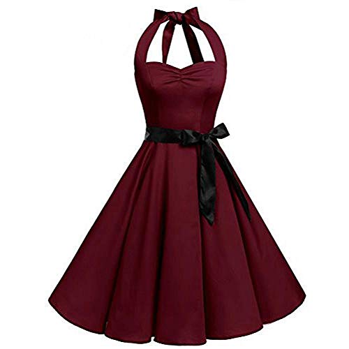 VJGOAL Mujer Primavera y Verano Moda Casual Sin Mangas Lunares Encaje Vintage Hepburn Columpio Cintura Alta Péndulo Grande Vestido Plisado Falda(XXX-Large,Vino Rojo)