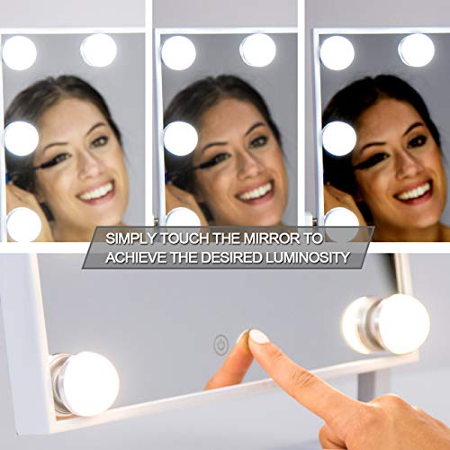 Waneway Espejo Maquillaje Iluminado con 12 X 3W Bombillas LED Ajustable Y Diseño De Control Táctil, Espejo de Tocador Mesa con Luz LED Estilo Hollywood, Espejo Cosmético con Luces, Blanco