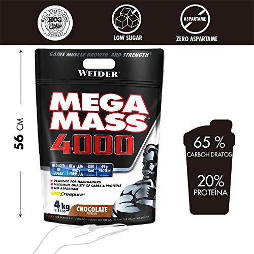 Weider Mega Mass 4000 Sabor Chocolate (4000 g). 69% de hidratos.Enriquecido con Vitaminas y Minerales. Con menos azúcares