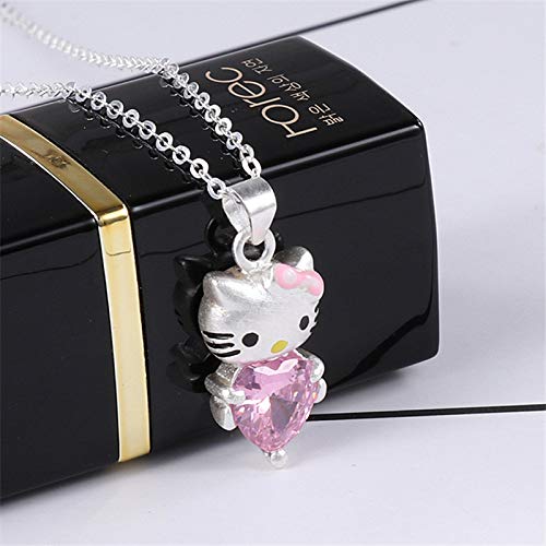 WEIKAI Collar para Mujer Rosa Amor En Forma De Corazón Diamante KT Gato Colgante Hello Kitty Gato Collar Dulce Y Lindo Gato Cadena De Clavícula