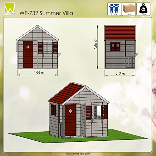 Wendi Toys M12 Summer Villa | Casa infantil de madera roja para exterior | Casa de juegos de jardín de verano para la actividad