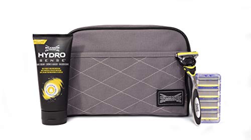 Wilkinson Sword Hydro 5 Sense Washbag Set - Pack de maquinilla de afeitar de 5 hojas para hombre + 4 recambios de cuchillas + crema de afeitar Hidratante y anti Irritación + neceser Exclusivo