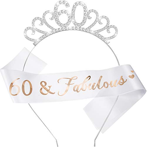 WILLBOND 60 Conjunto de Disfraces de Feliz Cumpleaños, Incluye Tiara de Cristal Corona del 60 Cumpleaños y 60 Faja Fabuloso para Favor de Cumpleaño