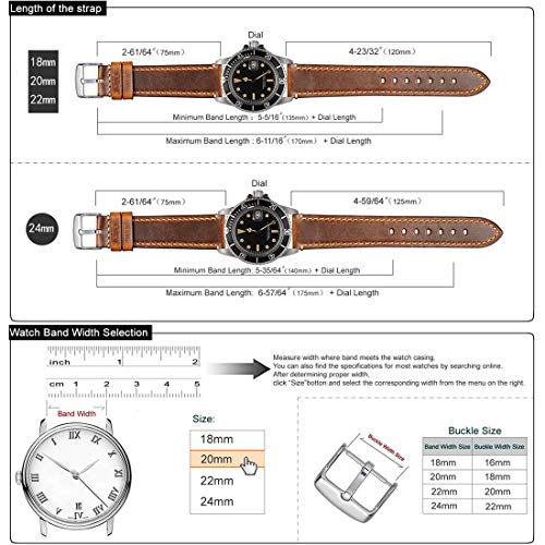 WOCCI 20mm Saddle Style Vintage Correa de Reloj de Cuero con Hebilla Plateada, Bandas de Repuesto (Dorado Marrón)