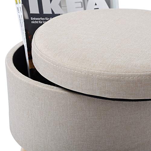 WOLTU Taburete Redondo Puff Caja de Almacenamiento Taburete de Almacenamiento Asiento para Dormitorio Tapa Extraíble Asiento de Lino/Terciopelo con Patas Madera Maciza (Crema, Lino)