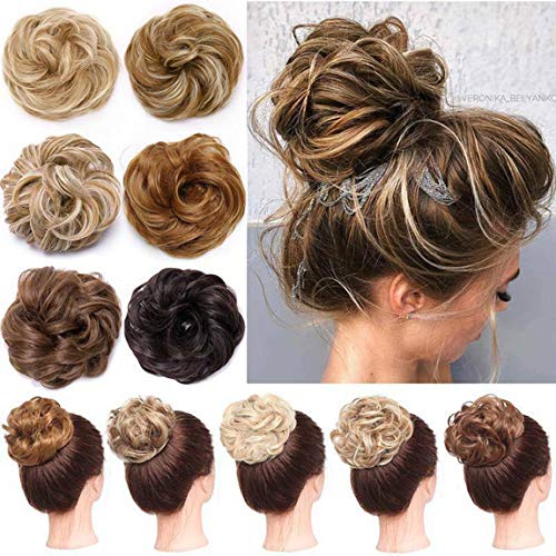 Women Messy Hair Scrunchy Scrunchie Bun Up Do Hair Piece Hair Ribbon Ponytail Hair Extensions Wavy Messy Medium Brown & Bleach Blonde