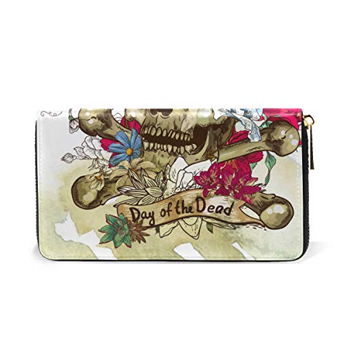 WowPrint - Cartera de piel auténtica, diseño de calavera de azúcar, con compartimentos de gran capacidad con cremallera, para mujeres y niñas