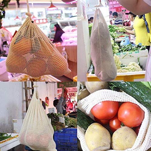 Xiuyer 3 Bolsas Compras Cordón Malla Algodón 3 Reutilizables Algodón Malla Asa Bolsa para Compra Frutas Verduras Mercado