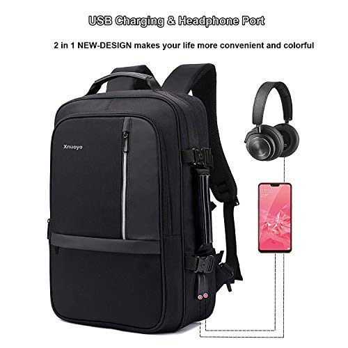 Xnuoyo Mochila para Portátil Hombre, Resistente al Agua Multifuncional Convertible TSA Mochila de Viaje Cabina como Equipaje de Mano Puerto USB de Negocios Trabajo Ordenador para Hombre Mujer (Negro)