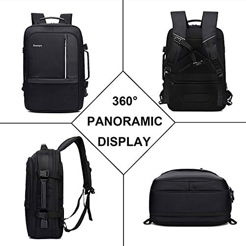 Xnuoyo Mochila para Portátil Hombre, Resistente al Agua Multifuncional Convertible TSA Mochila de Viaje Cabina como Equipaje de Mano Puerto USB de Negocios Trabajo Ordenador para Hombre Mujer (Negro)