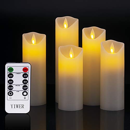 YIWER LED Velas sin Llama Φ 2.2 x H 5.5 "6"6.5"7"8"Juego de 5 Pilas de Cera Real no de plástico 10 Teclas con 2/4/6/8 Horas Función del Temporizador 300 Horas (5x1, Marfil)