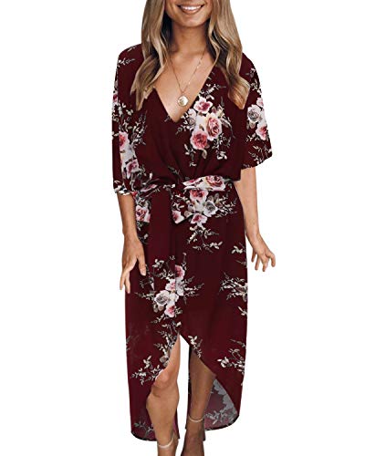 Yoins - Vestido de verano largo - Elegante vestido de mujer con escote en V, plisado, mangas cortas - Estilo retro - Fantasía floral -Ideal para una ocasión informal o un cóctel Vino Rosso S