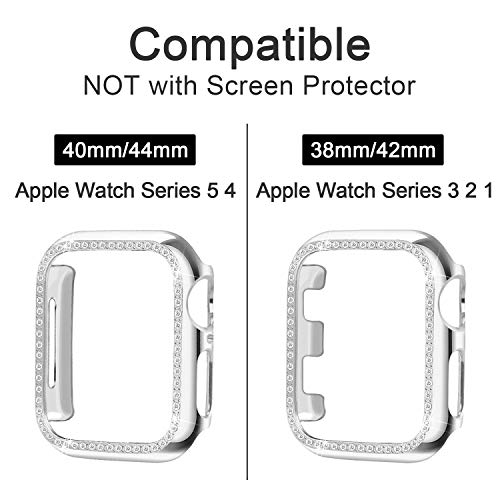 Yolovie Funda Carcasa Compatible para Apple Watch 44mm Series5 4, Cubierta de la Cara Bling Crystal Diamonds Shiny Rhinestone para Bumper, Plata