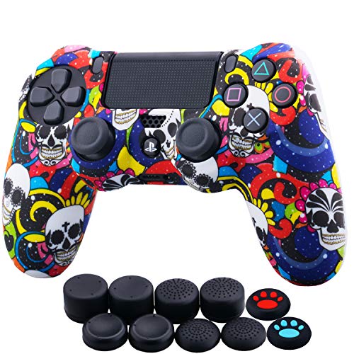 YoRHa Transferencia de Agua Camuflaje de Impresión Silicona Caso Piel Fundas Protectores Cubierta para Sony PS4/slim/Pro Dualshock 4 Mando x 1 (Maquillajes de Cráneos) con Thumb Gripsx 10