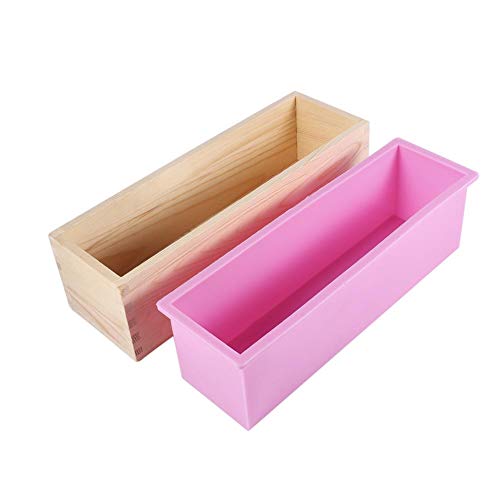 Yosoo Molde de Silicona de jabón de Forro de Silicona con Caja de Madera Rectángulo Jabón de Molde DIY Haciendo Herramienta de la Torta de Vela Hornear Molde