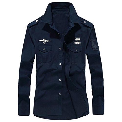 Yvelands Men's Fashion Cotton Solapa Casual Military Cargo Slim Fit Camisa con Botones Camiseta Top Blusa Sudaderas Chaqueta Outwear, Cheap Liquidación! (Azul Marino, XL)