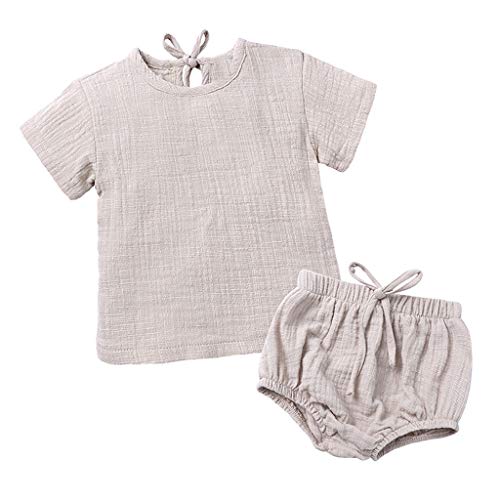 YWLINK♥Mono De Bebe Verano NiñOs NiñAsCamiseta Sin Mangas De Lino De Manga Corta Traje De Rastreo+Encaje Pantalones Cortos Moda Casual Lindo Vestido Bautizo Ropa De Bebe(Beige,12-18 meses/90)