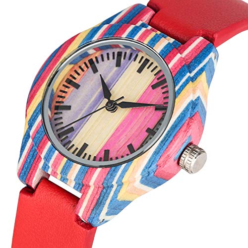 Yxxc Reloj con Correa de Hebilla roja con Esfera Colorida y Concisa para Dama, Relojes de Madera de bambú súper livianos para Mujeres, Reloj de Pulsera de Madera de Cuarzo Informal para