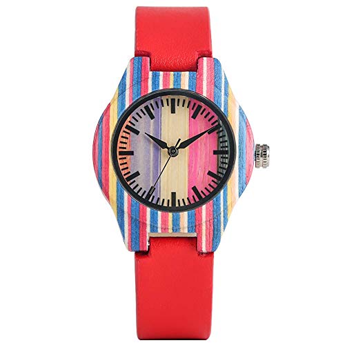 Yxxc Reloj con Correa de Hebilla roja con Esfera Colorida y Concisa para Dama, Relojes de Madera de bambú súper livianos para Mujeres, Reloj de Pulsera de Madera de Cuarzo Informal para