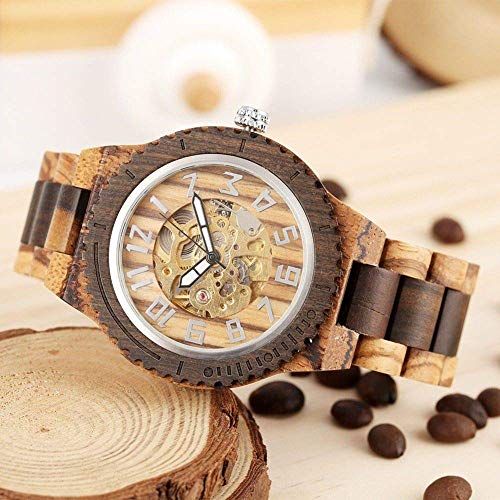 Yxxc Reloj de Madera para Hombre Reloj mecánico de Madera de ébano Negro Reloj automático de Cuerda automática Números árabes Relojes de Pulsera para niños