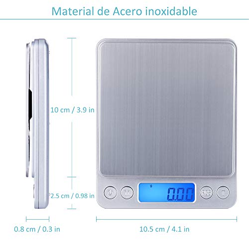 Zacro Báscula Cocina de Presisión Digitales,500g x 0.01g Báscula Balanzas de Alta Precisión,Balanzas Multifuncionales Pro Peso Cocina para Comidas,Joyería,Pantalla LCD,2 Bandejas y Baterías Incluidas