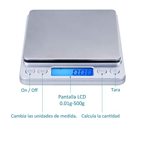 Zacro Báscula Cocina de Presisión Digitales,500g x 0.01g Báscula Balanzas de Alta Precisión,Balanzas Multifuncionales Pro Peso Cocina para Comidas,Joyería,Pantalla LCD,2 Bandejas y Baterías Incluidas