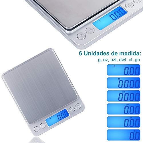 Zacro Báscula Cocina de Presisión Digitales,500g x 0.01g Báscula Balanzas de Alta Precisión,Balanzas Multifuncionales Pro Peso Cocina para Comidas,Joyería,Pantalla LCD,2 Bandejas y Baterías Incluidas