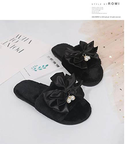 Zapatillas Para Mujer Algodón Slippers,Otoño Invierno Cálido Vintage Simples Pequeñas Perfumada Arco Negro Rhinestone Cómoda Apertura Interior De Felpa Antideslizante Inferior Grueso Silencio Inferior