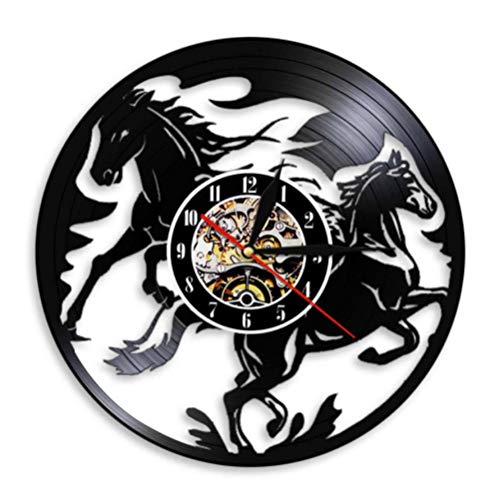 ZKMQF Vintage   Animal Black Running Horses Vinyl Record Reloj de Pared Equine Wall Art Nature Horses Clock Horse Lover Decoración para el hogar