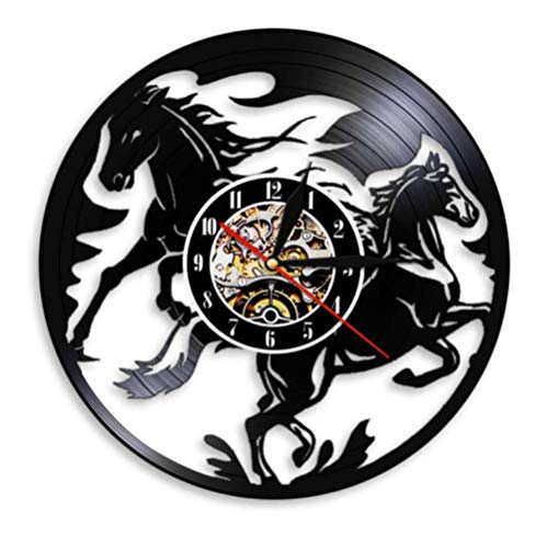 ZKMQF Vintage   Animal Black Running Horses Vinyl Record Reloj de Pared Equine Wall Art Nature Horses Clock Horse Lover Decoración para el hogar