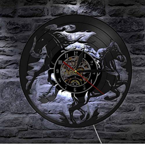 ZKMQF Vintage   Animal Black Running Horses Vinyl Record Reloj de Pared Equine Wall Art Nature Horses Clock Horse Lover Decoración para el hogar