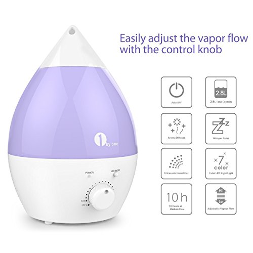 1 BY ONE Humidificador ultrasónico"No Ruido" 2.8 Litros - Luces LED de 7 Colores - con la función apagado automático para su hogar y oficina