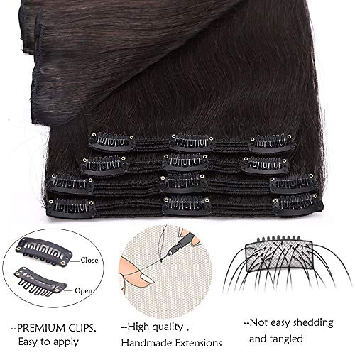 14"(35cm) Extensiones de Cabello Natural Clip Double Weft(Muy Gruesas) #1B Negro Natural Pelo Natural Humano 100% Remy 8 Piezas 18 Clips Liso Corto Postizos Pelucas (120g)