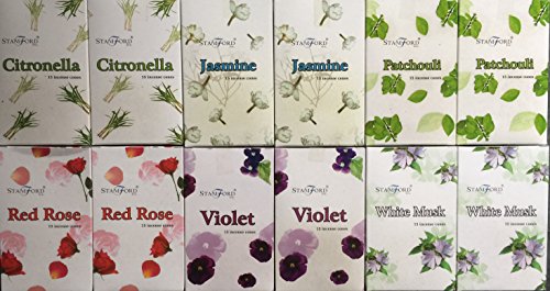 180 mixed Stamford incense cones 6 varieties. 2 X Citronella 2 x Jasmine 2 x Patchouli 2 x Red Rose 2 x Violet & 2 x White Musk by Stamford