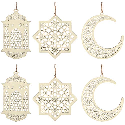 2 Sets 6 Piezas Adorno Colgante de Madera Ramadán Kareem Decoración Luna Estrella Viento Forma de Luz Colgante Adorno para Ramadán Mubarak Eid Decoraciones