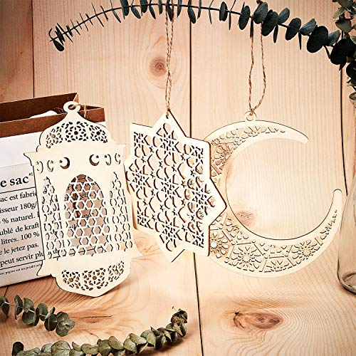 2 Sets 6 Piezas Adorno Colgante de Madera Ramadán Kareem Decoración Luna Estrella Viento Forma de Luz Colgante Adorno para Ramadán Mubarak Eid Decoraciones